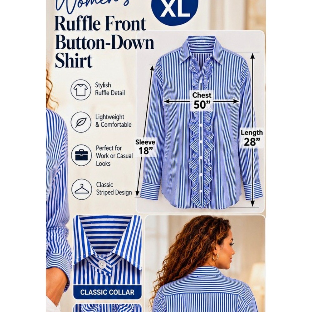 XL Women Blue/White Striped Woven Collared Ruffle Button-Front Shirt Long Sleeve